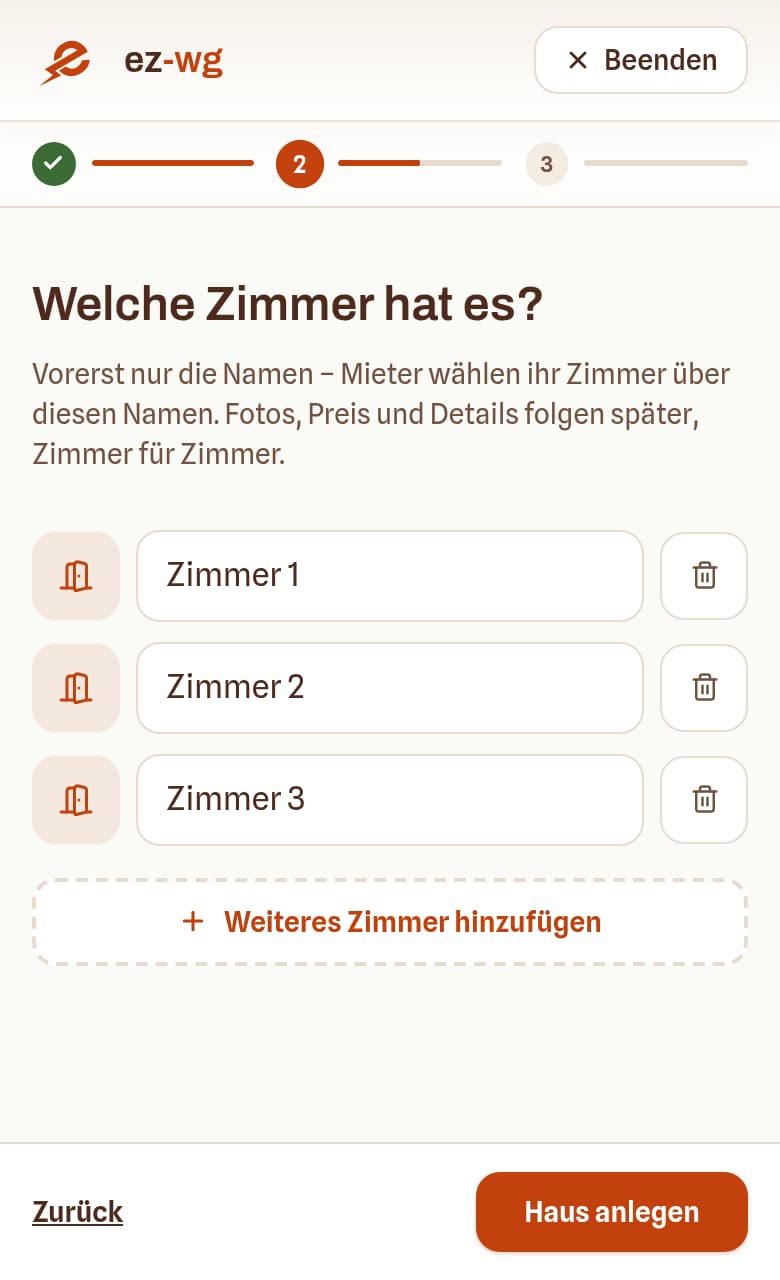 Der zweite Schritt des Haus-Assistenten mit drei Zimmern und je einer Miete.