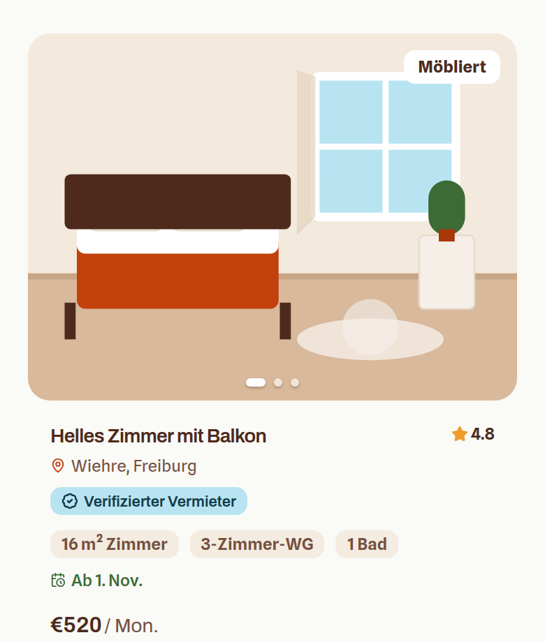 Eine Zimmerkarte in den ez-wg-Suchergebnissen mit dem Merkmal „möbliert“ unter den Fakten.