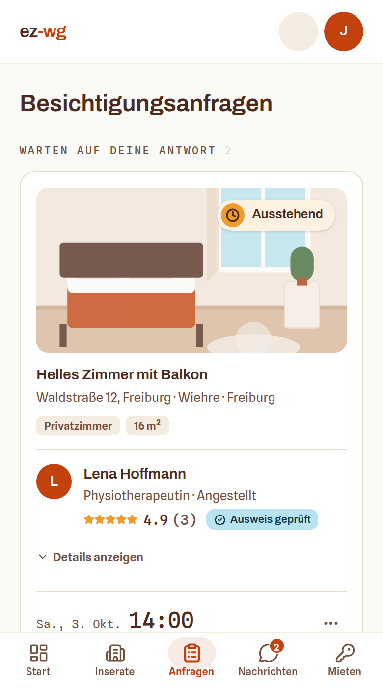 Die Anfragen-Seite mit zwei offenen Besichtigungsanfragen, jeweils mit Zimmer, Uhrzeit und der anfragenden Person.