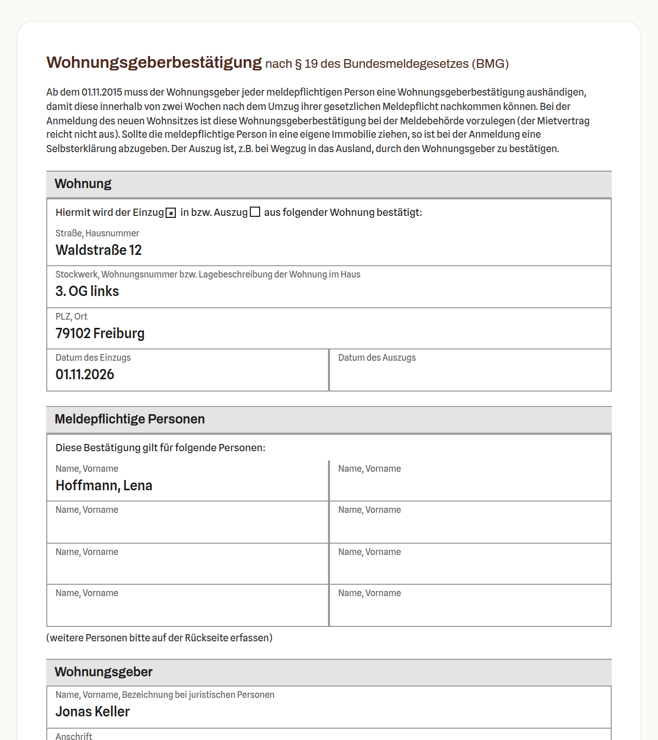 Eine Wohnungsgeberbestätigung, wie ez-wg sie druckt: Wohnungsgeber, angekreuzter Einzug, Adresse und Name des Mieters ausgefüllt.