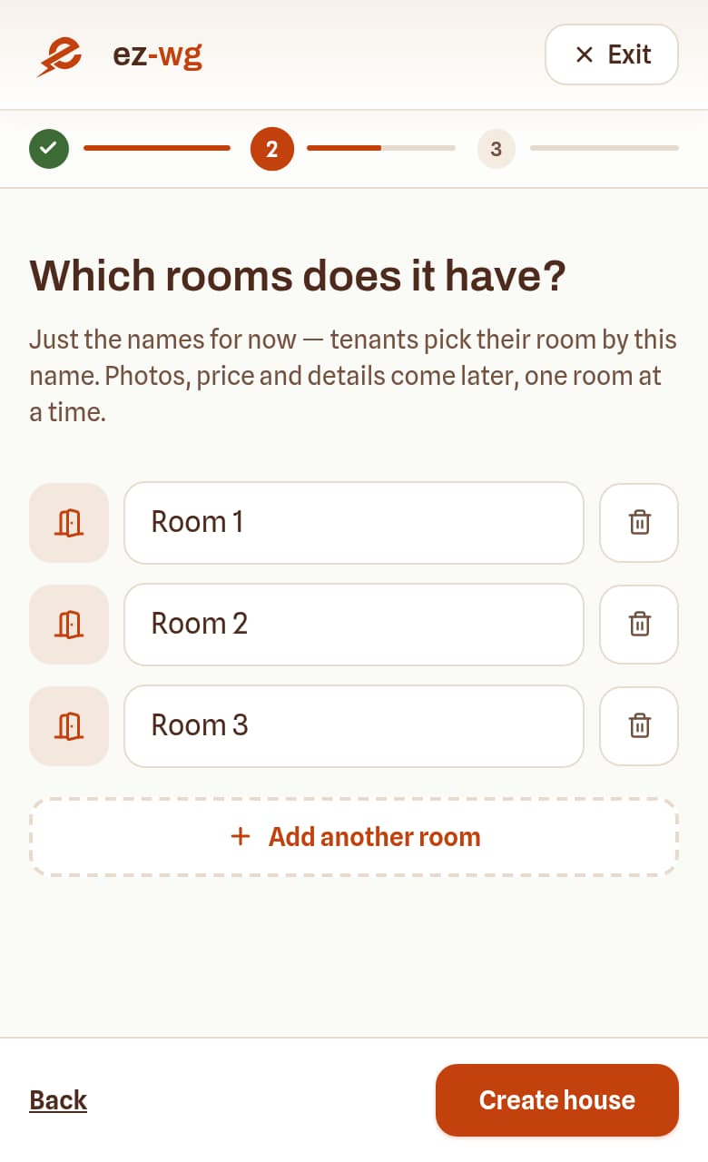 The second step of the house builder, listing three rooms with a rent for each.