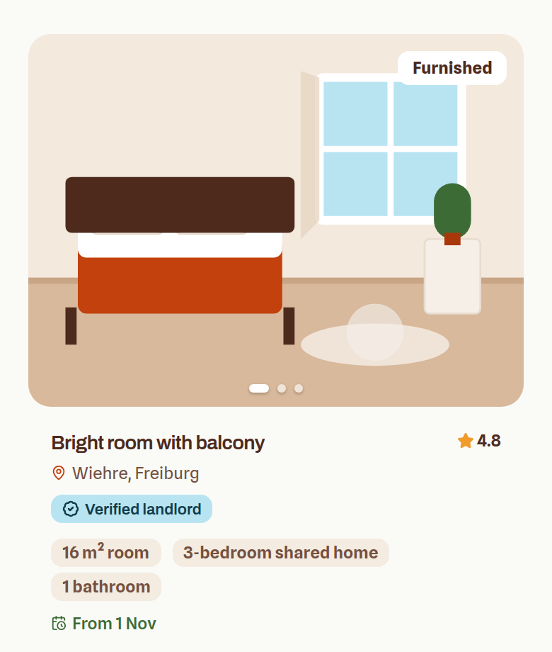 A room card as it appears in ez-wg search results: the cover photo, the title, the rent and the facts.