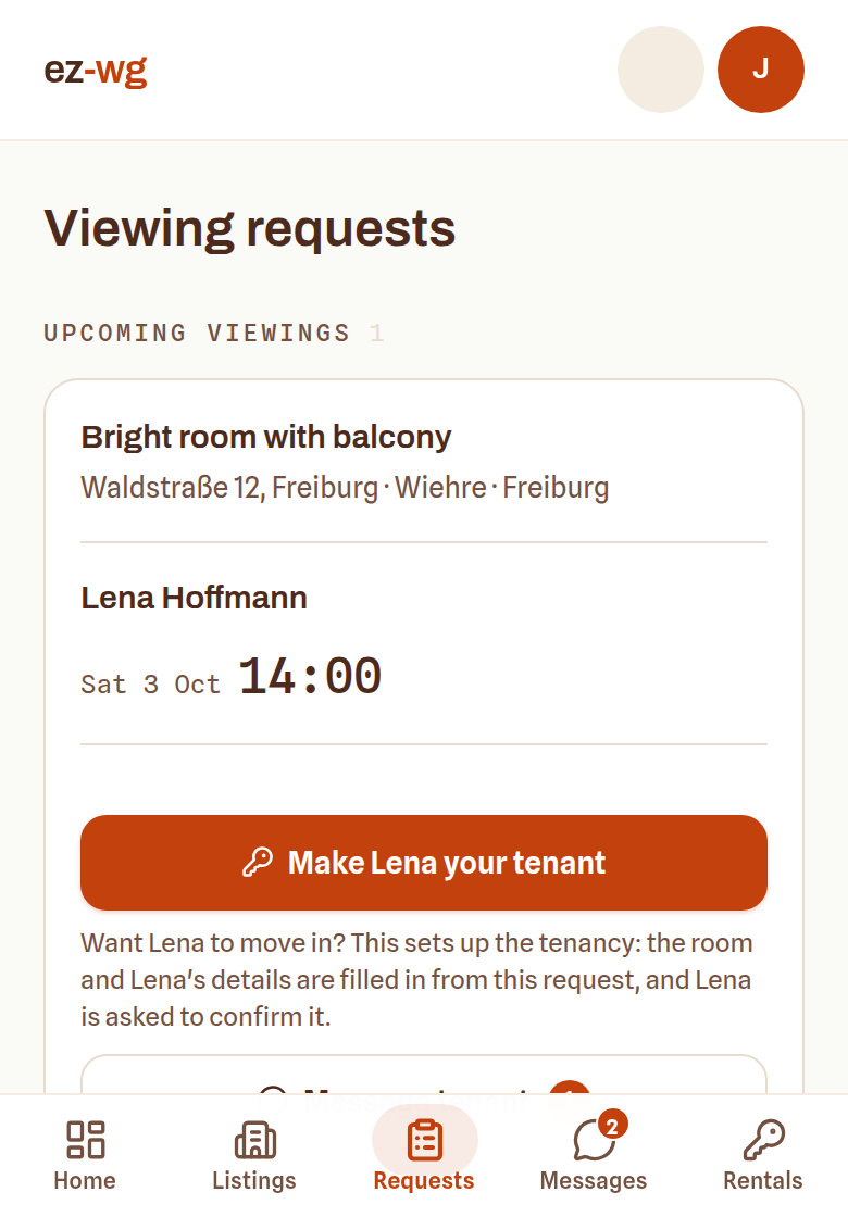 A confirmed request with the button to make the visitor your tenant.