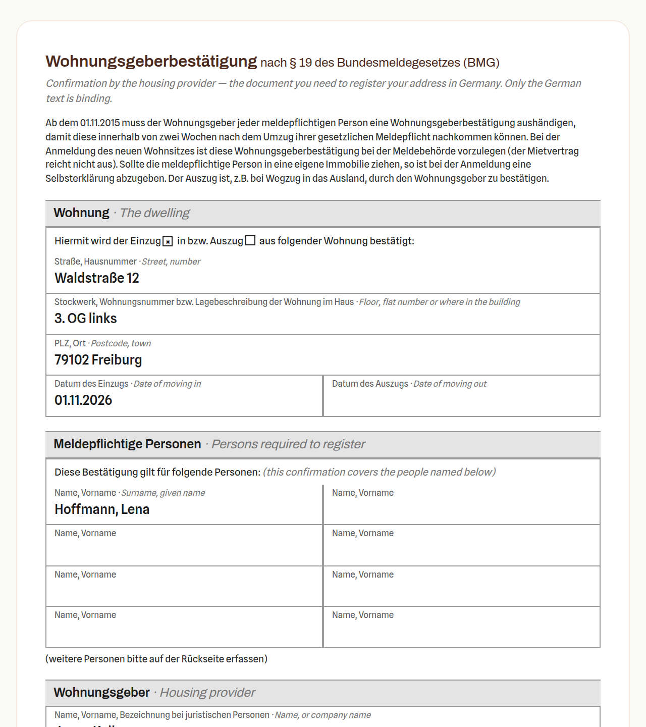 A Wohnungsgeberbestätigung as ez-wg prints it: the landlord, the move-in box ticked, the address and the tenant's name filled in.